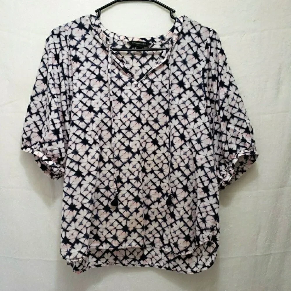 Banana Republic Shibori Tie Dye Blouse M Medium Pink Navy Blue V-Neck Tassel Top